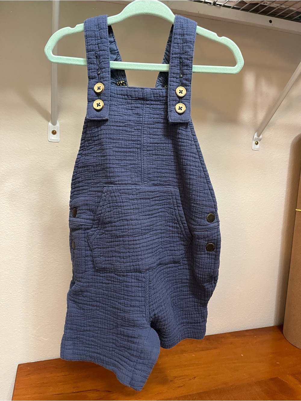 OshKosh Blue Gauze Overalls for Toddler. Pineapple print inside.